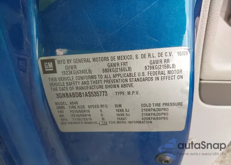 2010 Chevrolet Hhr Lt z USA, uszkodzony, nr VIN 3GNBABDB1AS535773